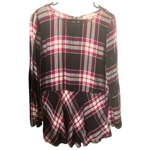 LOFT Black White Pink Plaid Tie Back Peplum Blouse with Rounded Neckline